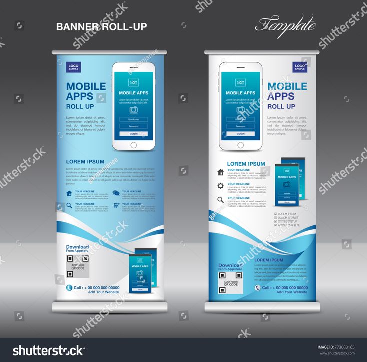 1557688677_679_Advertising-Infographics-MOBILE-APPS-Roll-up-banner-template-stand Advertising Infographics : MOBILE APPS Roll up banner template, stand layout, Blue banner, application pres...