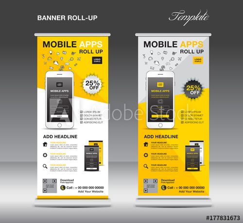 1560452153_185_Advertising-Infographics-MOBILE-APPS-Roll-up-banner-template-stand Advertising Infographics : MOBILE APPS Roll up banner template, stand layout, yellow banner, application pr...