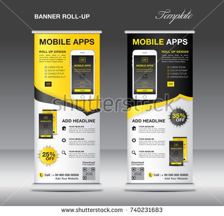 1562844782_549_Advertising-Infographics-MOBILE-APPS-Roll-up-banner-template-stand Advertising Infographics : MOBILE APPS Roll up banner template, stand layout, yellow banner, application pr...