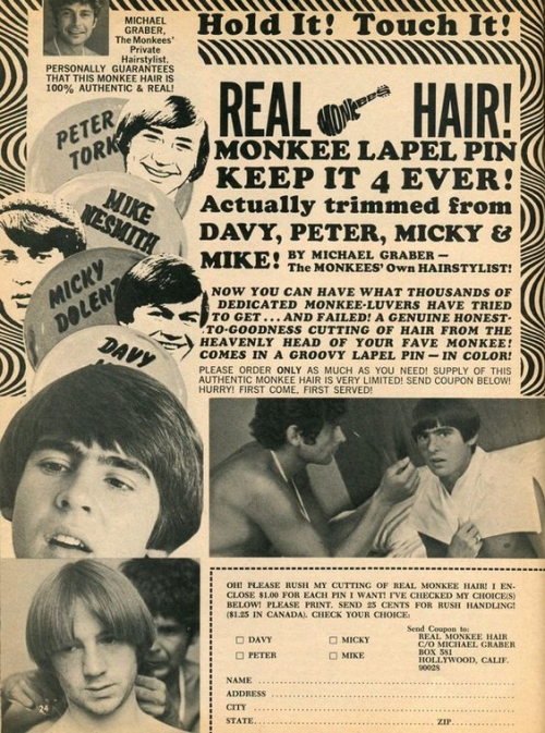 Advertising-Inspiration-“Hold-It-Touch-It-Real-Monkee-Hair Advertising Inspiration : “Hold It! Touch It! Real Monkee Hair! Monkee Lapel Pin...