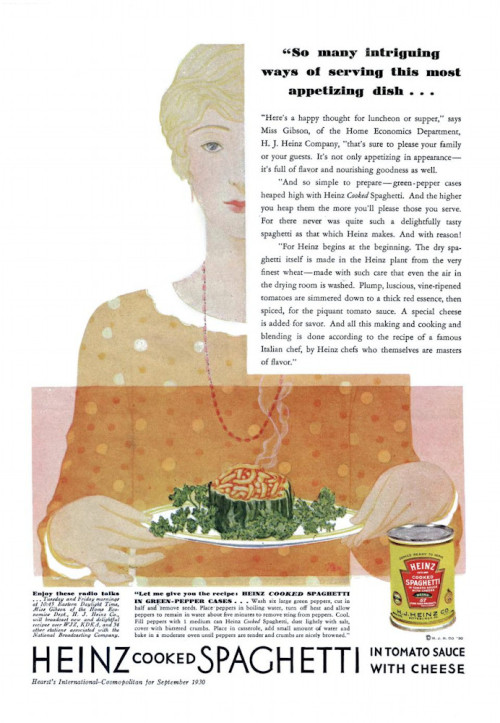 Advertising-Inspiration-Heinz-Cooked-Spaghetti-Cosmopolitan-magazine Advertising Inspiration : Heinz Cooked Spaghetti - Cosmopolitan magazine - 1930Source:...